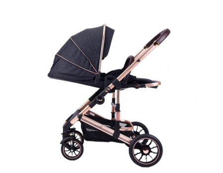 Carucior copii, 0-36 luni, Cu suspensii, Maner reversibil, Pozitie de somn si sezut, Roata cauciuc, Cu scoica auto, Negru [2]