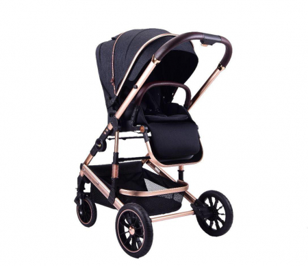 Carucior copii, 0-36 luni, Cu suspensii, Maner reversibil, Pozitie de somn si sezut, Roata cauciuc, Cu scoica auto, Negru [4]