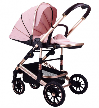 Carucior copii, 0-36 luni, Cu suspensii, Maner reversibil, Pozitie de somn si sezut, Roata cauciuc, Cu scoica auto, Roz [9]