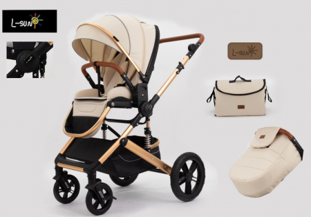 Carucior 2 in 1 - Carucior copii, 0-36 luni, Cu suspensii, Maner reversibil, Pozitie de somn si sezut, Roata cauciuc, Husa picioare detasabila, Bej