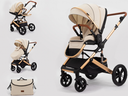 Carucior copii, 0-36 luni, Cu suspensii, Maner reversibil, Pozitie de somn si sezut, Roata cauciuc, Husa picioare detasabila, Bej [1]