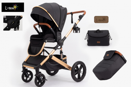 Carucior 2 in 1 - Carucior copii, 0-36 luni, Cu suspensii, Maner reversibil, Pozitie de somn si sezut, Roata cauciuc, Husa picioare detasabila, Negru