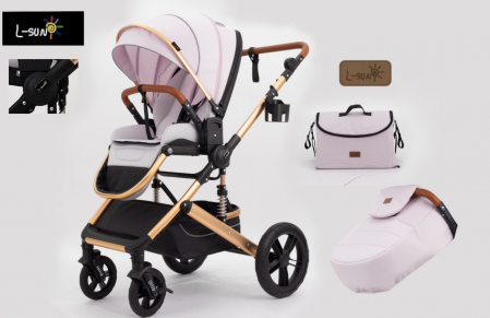 Carucior 2 in 1 - Carucior copii, 0-36 luni, Cu suspensii, Maner reversibil, Pozitie de somn si sezut, Roata cauciuc, Husa picioare detasabila, Roz