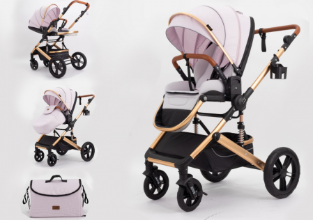 Carucior copii, 0-36 luni, Cu suspensii, Maner reversibil, Pozitie de somn si sezut, Roata cauciuc, Husa picioare detasabila, Roz [1]