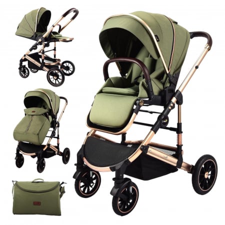 Carucior sport - Carucior copii, 0-36 luni, Cu suspensii, Landou reversibil, Pozitie de somn si sezut, Roata cauciuc, verde