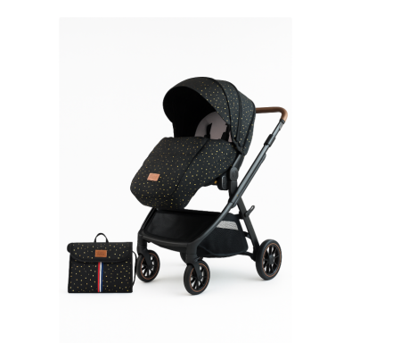 Carucior 2 in 1 - Carucior copii, 0-36 luni, sarcina maxima 22 kg, Landou reversibil, Colectie Lux, Geanta de scutece, negru auriu