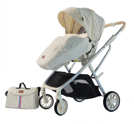 Carucior 2 in 1 - Carucior copii, 0-36 luni, sarcina maxima 22 kg, Landou reversibil, Colectie Lux, Geanta de scutece, Alb unt