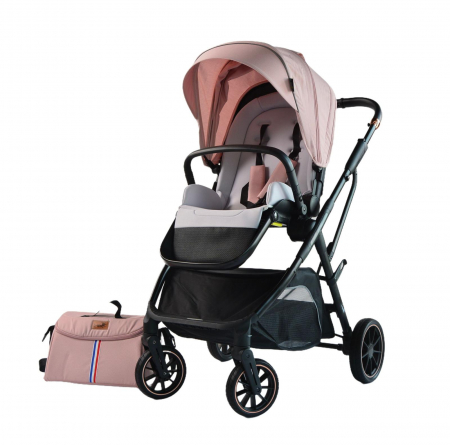 Carucior 2 in 1 - Carucior copii, 0-36 luni, sarcina maxima 22 kg, Landou reversibil, Colectie Lux, Geanta de scutece, Roz pudra