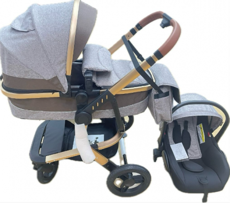 Carucior 3 in 1 - Carucior copii, 3 in 1, Cadru ergonomic cu Maner protectie piele eco, Roata cauciuc