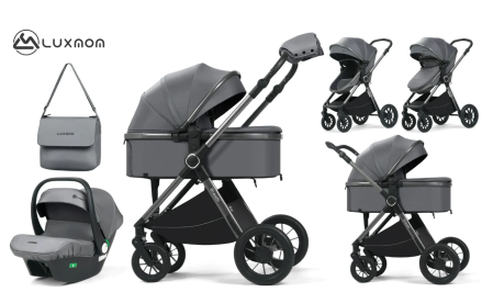 Carucior 3 in 1 - Cărucior copii, 3 în 1, Luxmom, Dublu reversibil, saltea inclusa, Geanta inclusa, Manusi de iarna, Roti off-road, Husa de ploaie si insecte, gri