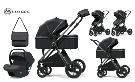 Pentru bebe - Cărucior copii, 3 în 1, Luxmom, Dublu reversibil, saltea inclusa, Geanta inclusa, Manusi de iarna, Roti off-road, Husa de ploaie si insecte, negru