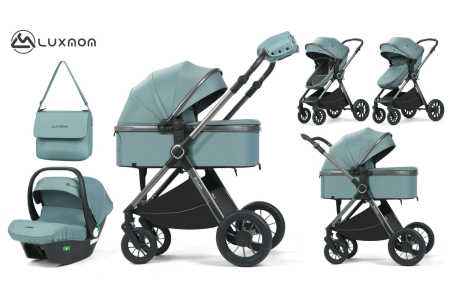 Pentru bebe - Cărucior copii, 3 în 1, Luxmom, Dublu reversibil, saltea inclusa, Geanta inclusa, Manusi de iarna, Roti off-road, Husa de ploaie si insecte, verde