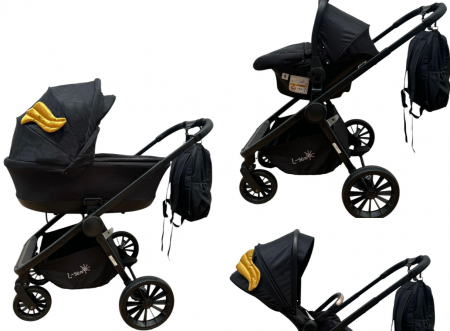 Carucior 3 in 1 - Carucior copii, 3 piese distincte, Husa de iarna, Ghiozdan detasabil, Landou reversibil, Colectie Lux, Negru