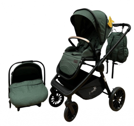 Carucior copii, 3 piese distincte, Husa de iarna, Ghiozdan detasabil, Landou reversibil, Colectie Lux, Verde [8]