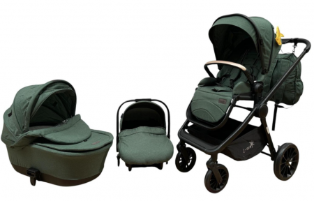 Carucior copii, 3 piese distincte, Husa de iarna, Ghiozdan detasabil, Landou reversibil, Colectie Lux, Verde [4]
