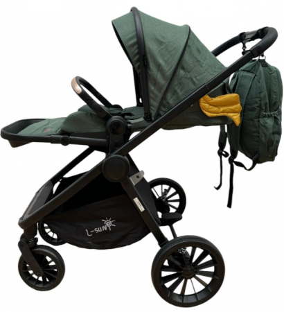 Carucior copii, 3 piese distincte, Husa de iarna, Ghiozdan detasabil, Landou reversibil, Colectie Lux, Verde [9]