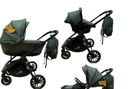 Carucior 3 in 1 - Carucior copii, 3 piese distincte, Husa de iarna, Ghiozdan detasabil, Landou reversibil, Colectie Lux, Verde