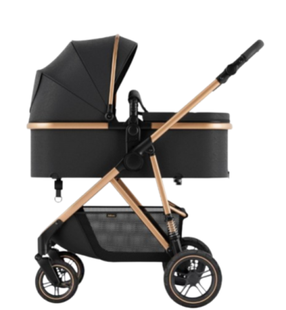 Carucior 2 in 1 - Carucior de copii 2 in 1, Cu geanta accesorii, Cu suspensii, 105 x 95 x 60 cm, Pliabil ergonomic, Belecoo, Negru