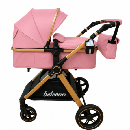Carucior 2 in 1 - Carucior de copii 2 in 1, Cu geanta accesorii, Cu suspensii, 105 x 95 x 60 cm, Pliabil ergonomic, Belecoo, roz