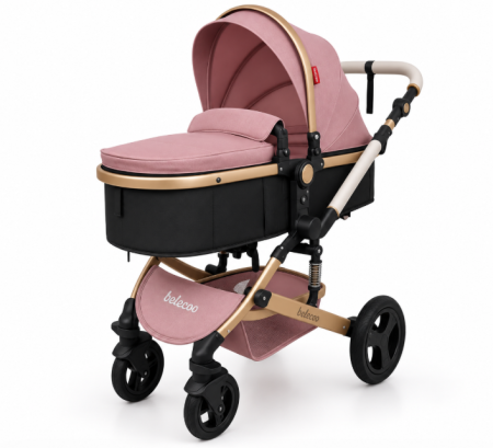 Pentru bebe - Carucior de copii 2 in 1, Cu geanta accesorii, Cu suspensii, 105 x 95 x 60 cm, Pliabil ergonomic, Belecoo, roz
