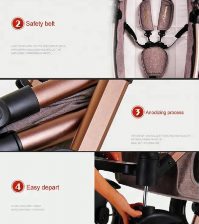 Carucior multifunctional 3 in 1, Dubla suspensie, Modul scoica inclus, Maner reversibil si telescopic, Parasolar cu piele, Geanta de scutece, Saltea groasa de infasat [1]