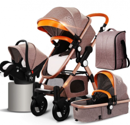 Carucior 3 in 1 - Carucior multifunctional 3 in 1, Dubla suspensie, Modul scoica inclus, Maner reversibil si telescopic, Parasolar cu piele, Geanta de scutece, Saltea groasa de infasat