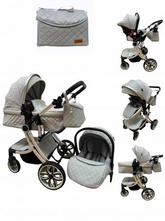 Carucior 3 in 1 - Carucior multifunctional 3 in 1, Forma anatomica pentru landou, Suspensie dubla si Geanta scutece