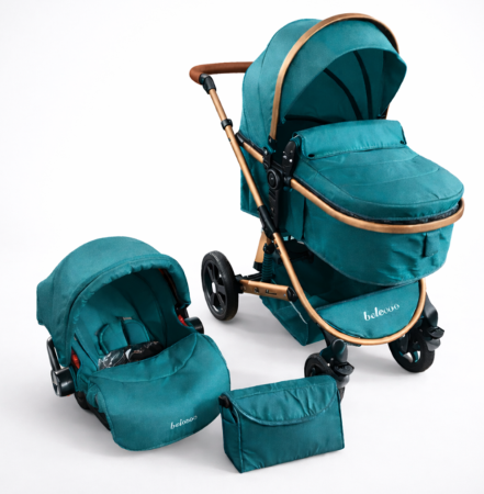 Carucior 3 in 1 - Carucior multifunctional 3 in 1, Modul scoica inclus, Maner reversibil si telescopic, albastru turcoaz