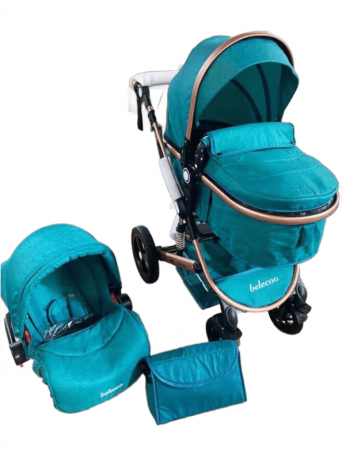 Carucior 3 in 1 - Carucior multifunctional 3 in 1, Modul scoica inclus, Maner reversibil si telescopic, albastru turcoaz