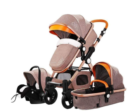 Carucior multifunctional 3 in 1, Modul scoica inclus, Geanta de scutece, Saltea groasa de infasat, Maner reversibil si telescopic, Parasolar cu piele-bej [1]