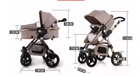 Carucior multifunctional 3 in 1, Modul scoica inclus, Geanta de scutece, Saltea groasa de infasat, Maner reversibil si telescopic, Parasolar cu piele-bej [11]