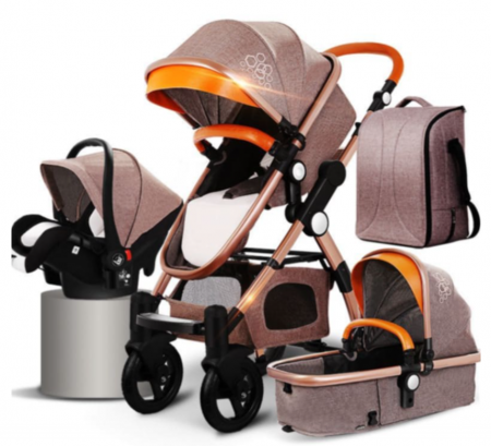 Carucior 3 in 1 - Carucior multifunctional 3 in 1, Modul scoica inclus, Geanta de scutece, Saltea groasa de infasat, Maner reversibil si telescopic, Parasolar cu piele-bej