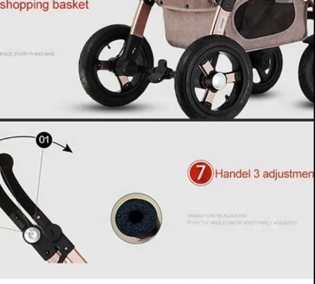 Carucior multifunctional 3 in 1, Modul scoica inclus, Maner reversibil si telescopic, Parasolar cu piele, Geanta de scutece, Saltea goasa de infasat, gri [5]