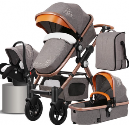 Carucior 3 in 1 - Carucior multifunctional 3 in 1, Modul scoica inclus, Maner reversibil si telescopic, Parasolar cu piele, Geanta de scutece, Saltea goasa de infasat, gri