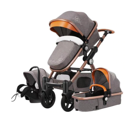 Carucior multifunctional 3 in 1, Modul scoica inclus, Maner reversibil si telescopic, Parasolar cu piele, Geanta de scutece, Saltea goasa de infasat, gri [1]