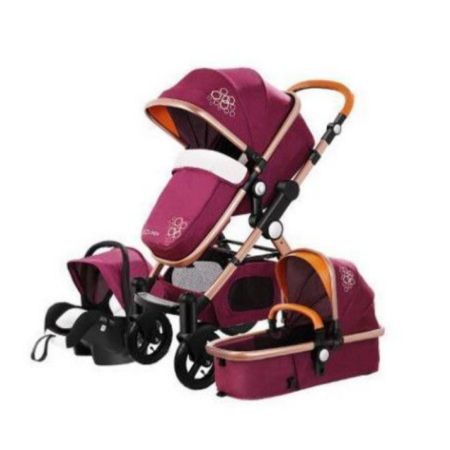 Carucior, Pentru copii, Multifunctional 3 in 1, Dubla suspensie, Modul scoica inclus, Maner telescopic, Geanta de scutece, Saltea groasa de infasat, Culoarea Mov [1]