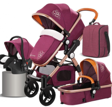 Carucior 3 in 1 - Carucior, Pentru copii, Multifunctional 3 in 1, Dubla suspensie, Modul scoica inclus, Maner telescopic, Geanta de scutece, Saltea groasa de infasat, Culoarea Mov