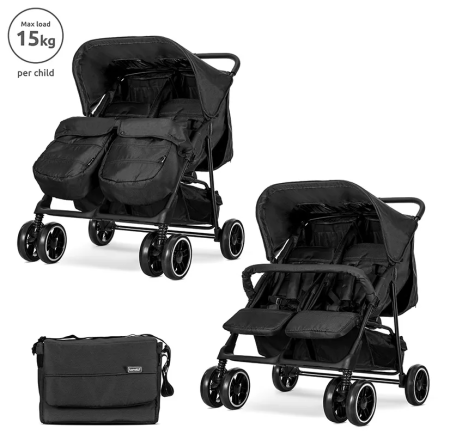 Carucioare - Carucior pentru gemeni, Twin, reglabil individual, pana la 30 kg, geanta pentru mama inclusa, Black