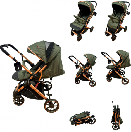 Carucioare - Carucior Sport Pentru Copii, Maner reversibil, Suport biberon, Plasa de tantari, Copertina extensibila, Cu suspensii, Recomandat transport par avion, Kaki