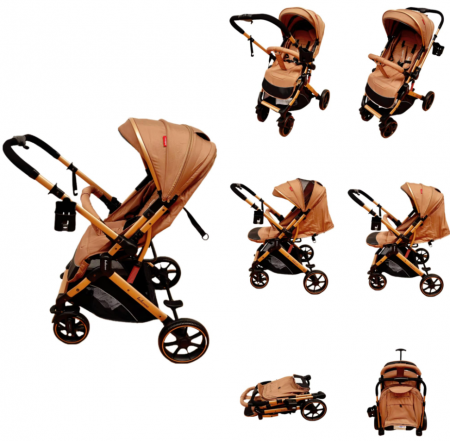 Carucior sport - Carucior Sport Pentru Copii, Maner reversibil, Suport biberon, Plasa de tantari, Copertina extensibila, Cu suspensii, Recomandat transport par avion, Caramiziu