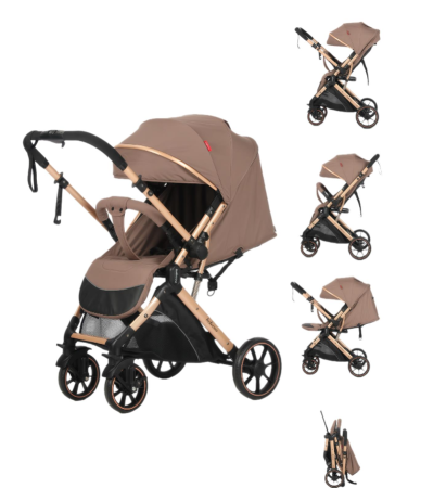 Carucior sport - Carucior Sport Pentru Copii, Maner reversibil, Suport biberon, Plasa de tantari, Copertina extensibila, Cu suspensii, Recomandat transport par avion, Bej ciocolata