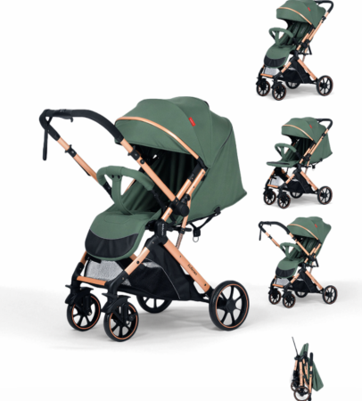 Carucior sport - Carucior Sport Pentru Copii, Maner reversibil, Suport biberon, Plasa de tantari, Copertina extensibila, Cu suspensii, Recomandat transport par avion, verde