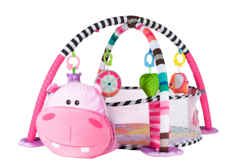 Covoras de joaca - Centru de activitati 3 in 1 si saltea de joaca "Happy Hippo" pentru copii si bebelusi cu 4 jucarii si 30 de bile multicolore