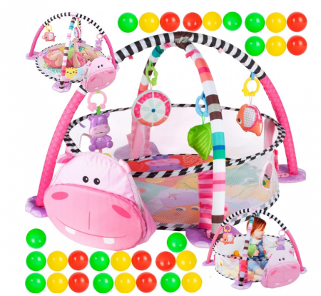 Centru de activitati 3 in 1 si saltea de joaca "Happy Hippo" pentru copii si bebelusi cu 4 jucarii si 30 de bile multicolore [6]