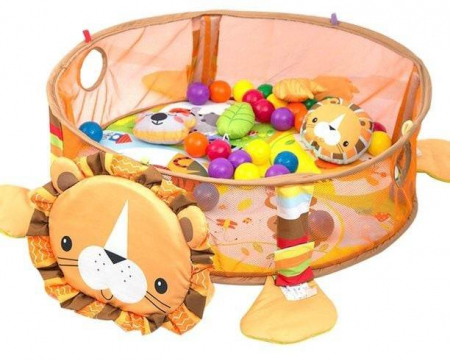 Jucarii interactive bebe - Centru de activitati 3 in 1 si saltea de joaca "Happy Hippo" pentru copii si bebelusi cu 4 jucarii si 30 de bile multicolore, leut