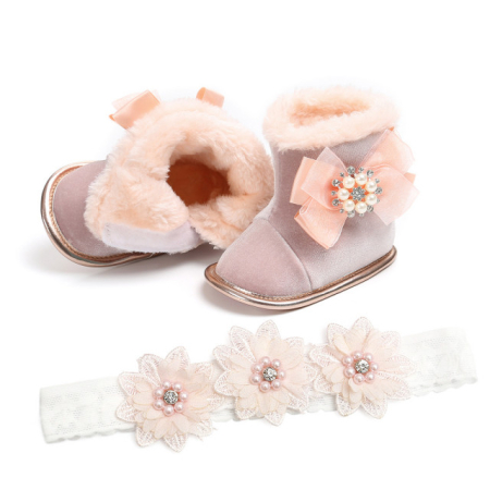 Fetite - Cizmulite crem-roz cu fundita si bentita asortata