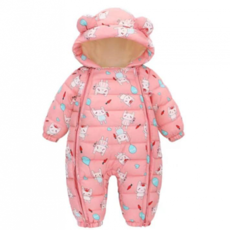 Combinezoane - Combinezon imblanit, cu gluga si fermoare, Imprimat roz