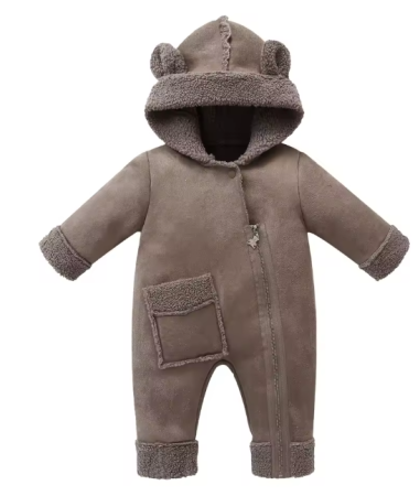 Combinezoane - Combinezon bebelusi, Din blanita, Cu gluga si buzunar, Maro
