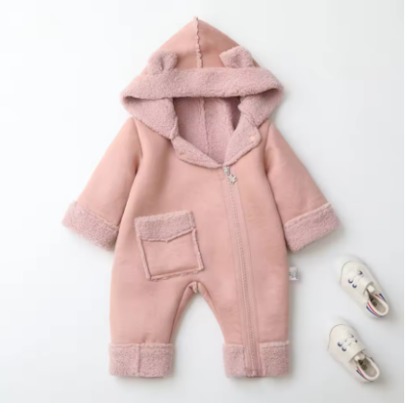 Combinezon bebelusi, Din blanita, Cu gluga si buzunar, Roz prafuit [1]