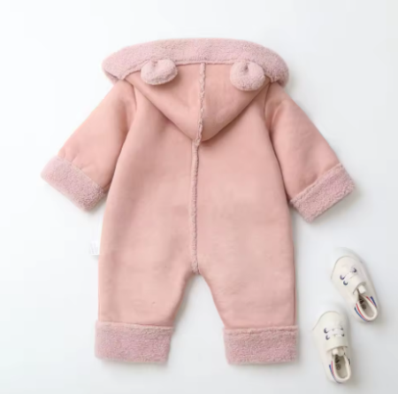 Combinezon bebelusi, Din blanita, Cu gluga si buzunar, Roz prafuit [2]